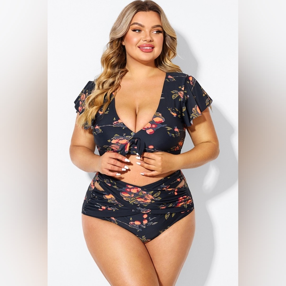 NEW NWT MeetCurve Floral Print Flutter Sleeve Swim Bikini & Brief Bottom Sz 4XL